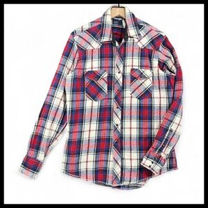 VTG Wrangler Flannel Western Snap Shirt Red Blue‎ Plaid Heavy X-Long Tails Men L